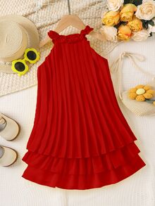 SHEIN Elladie kids Young Girl Plain Color Spaghetti Strap Simple Fashion Casual Daily Dress - Red - View 2
