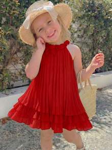 SHEIN Elladie kids Young Girl Plain Color Spaghetti Strap Simple Fashion Casual Daily Dress - Red - View 1