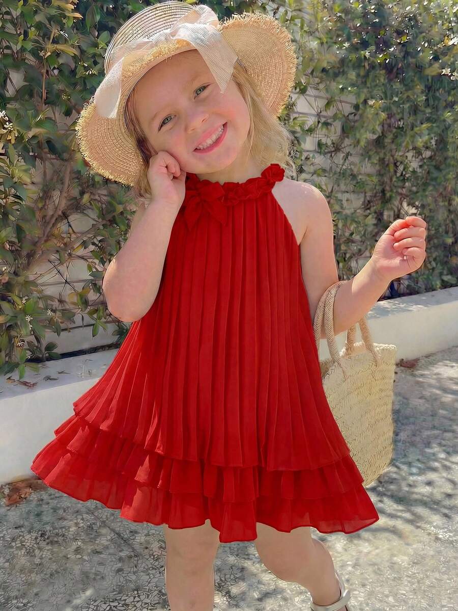 SHEIN Elladie kids Young Girl Plain Color Spaghetti Strap Simple Fashion Casual Daily Dress - Red - View 1