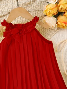 SHEIN Elladie kids Young Girl Plain Color Spaghetti Strap Simple Fashion Casual Daily Dress - Red - View 3