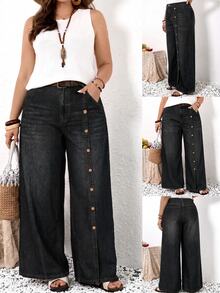 EMERY ROSE EMERY ROSE Plus Size Women's Wide Leg Loose Fit Denim Jeans With Pocket And Button Design Fall Clothes - Black - View 2
