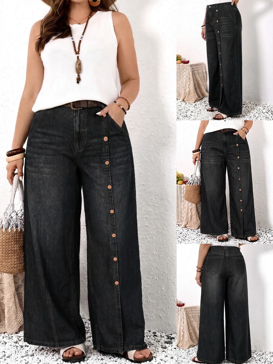EMERY ROSE EMERY ROSE Plus Size Women's Wide Leg Loose Fit Denim Jeans With Pocket And Button Design Fall Clothes