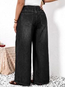 EMERY ROSE EMERY ROSE Plus Size Women's Wide Leg Loose Fit Denim Jeans With Pocket And Button Design Fall Clothes - Black - View 5