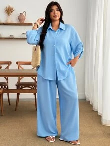 Enliva Plus Size Women Blue Linen 2 Pieces Set 3/4 Sleeve Button Shirt Wide Leg Pants Casual Outfit - Blue - View 7