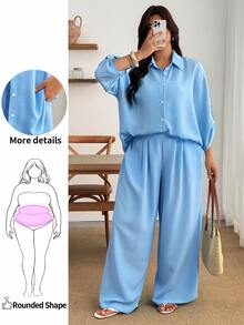 Enliva Plus Size Women Blue Linen 2 Pieces Set 3/4 Sleeve Button Shirt Wide Leg Pants Casual Outfit - Blue - View 1