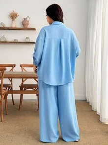 Enliva Plus Size Women Blue Linen 2 Pieces Set 3/4 Sleeve Button Shirt Wide Leg Pants Casual Outfit - Blue - View 2