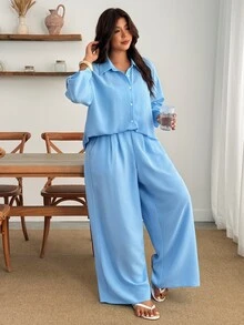 Enliva Plus Size Women Blue Linen 2 Pieces Set 3/4 Sleeve Button Shirt Wide Leg Pants Casual Outfit - Blue - View 6