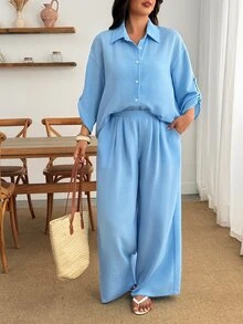 Enliva Plus Size Women Blue Linen 2 Pieces Set 3/4 Sleeve Button Shirt Wide Leg Pants Casual Outfit - Blue - View 3