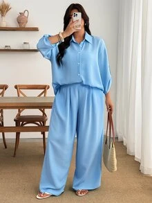 Enliva Plus Size Women Blue Linen 2 Pieces Set 3/4 Sleeve Button Shirt Wide Leg Pants Casual Outfit - Blue - View 5
