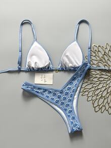 SHEIN Swim Women Summer Random Floral Spaghetti Strap Sexy Bikini Set - Blue and White - View 4