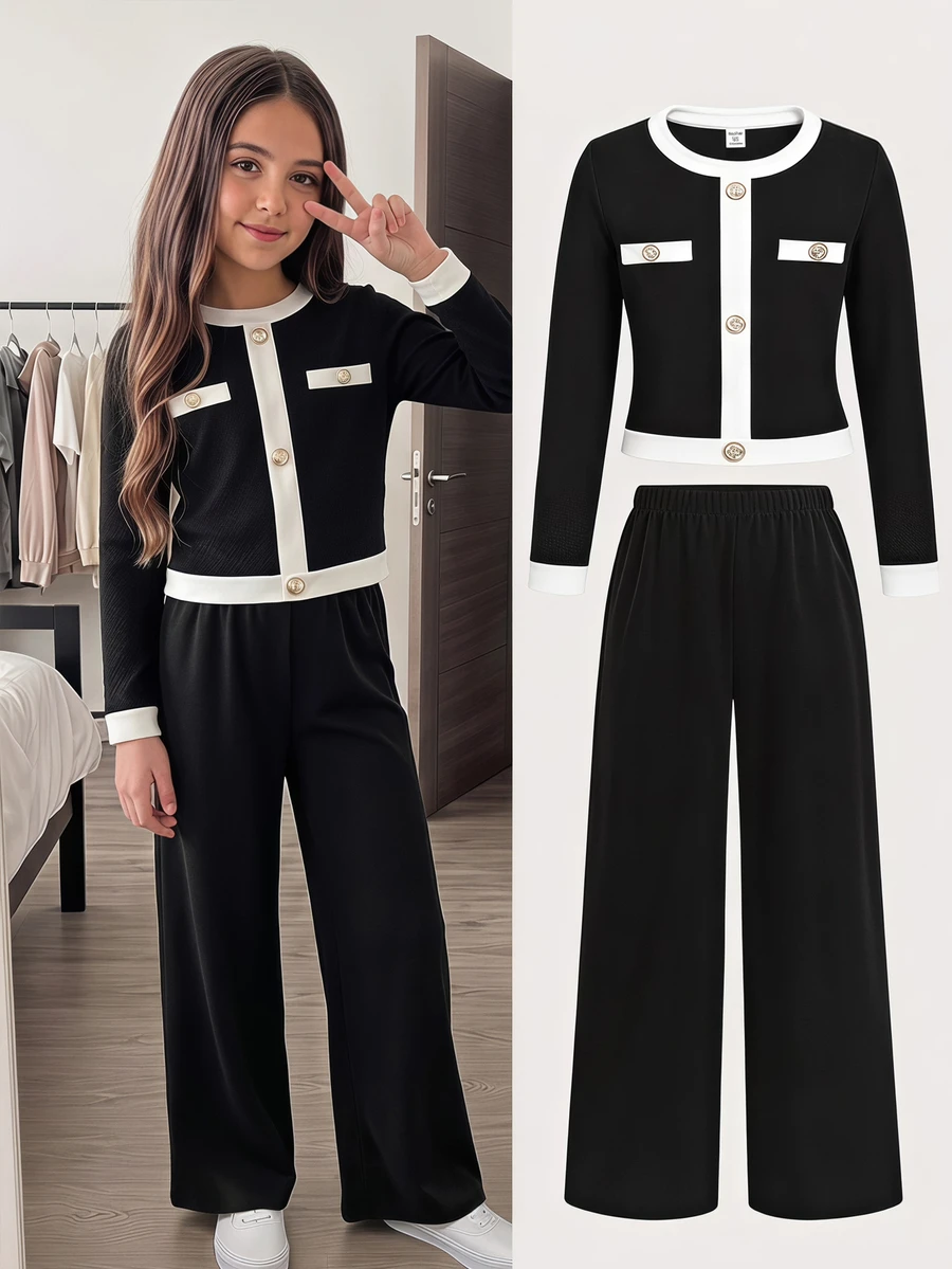 SHEIN Serisse Kids 兒童青少年女孩秋冬春季日常休閒正式優雅返校穿搭 黑白對比珍珠鈕扣長袖上衣與直筒長褲 2件套法式優雅套裝 - 黑色 - 查看 1