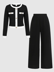 SHEIN Serisse Kids 兒童青少年女孩秋冬春季日常休閒正式優雅返校穿搭 黑白對比珍珠鈕扣長袖上衣與直筒長褲 2件套法式優雅套裝 - 黑色 - 查看 3