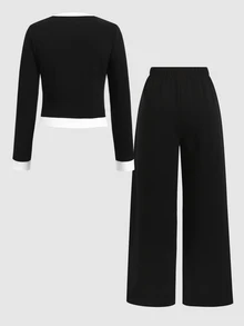 SHEIN Serisse Kids 兒童青少年女孩秋冬春季日常休閒正式優雅返校穿搭 黑白對比珍珠鈕扣長袖上衣與直筒長褲 2件套法式優雅套裝 - 黑色 - 查看 4