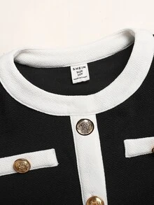 SHEIN Serisse Kids 兒童青少年女孩秋冬春季日常休閒正式優雅返校穿搭 黑白對比珍珠鈕扣長袖上衣與直筒長褲 2件套法式優雅套裝 - 黑色 - 查看 7
