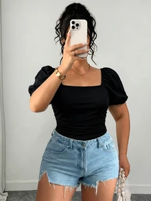 Elenzga Plus Size Women's Elegant Square Neck Printed Top T-Shirt Spring Summer Clothing - Black - View 6