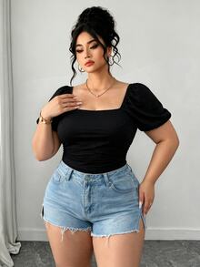 Elenzga Plus Size Women's Elegant Square Neck Printed Top T-Shirt Spring Summer Clothing - Black - View 7