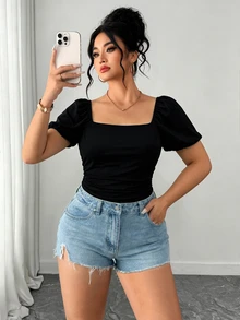 Elenzga Plus Size Women's Elegant Square Neck Printed Top T-Shirt Spring Summer Clothing - Black - View 4