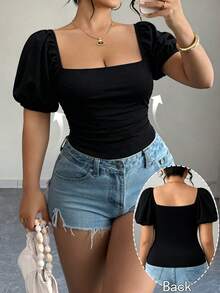 Elenzga Plus Size Women's Elegant Square Neck Printed Top T-Shirt Spring Summer Clothing - Black - View 1