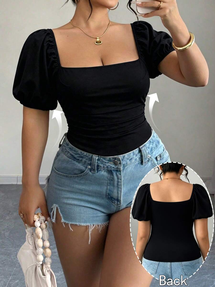 Elenzga Plus Size Women's Elegant Square Neck Printed Top T-Shirt Spring Summer Clothing - Black - View 1