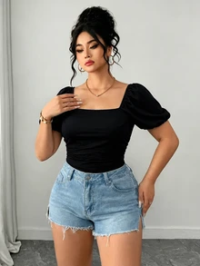 Elenzga Plus Size Women's Elegant Square Neck Printed Top T-Shirt Spring Summer Clothing - Black - View 5