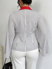 Elenzga Elegant Contrast Red Collar Striped Peplum Shirt Long Flare Sleeve ButtonUp Blouse - Multicolor - View 4