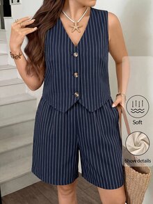 Easowa Curve 大尺碼女款條紋單排扣背心短褲套裝 休閒俐落優雅 1960年代風 海軍藍 夏季度假正式早午餐穿搭 - 藏蓝色 - 查看 5