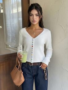 Autumina Women's Solid Color V-Neck Casual Versatile Daily Cardigan - White - View 1