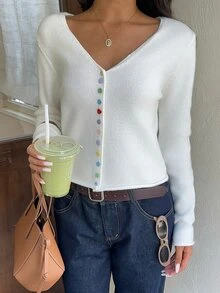 Autumina Women's Solid Color V-Neck Casual Versatile Daily Cardigan - White - View 4