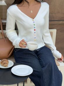 Autumina Women's Solid Color V-Neck Casual Versatile Daily Cardigan - White - View 3