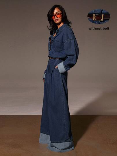Athîral Denim Women's Solid Color Pocket Casual Long Sleeve Denim Jumpsuit