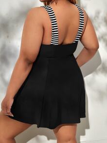 SHEIN Swim Curve Summer Beach Plus Striped Tankini Set Knot Front Swim Dress & Bikini Bottom 2 Piece Swimsuit - Black - View 2