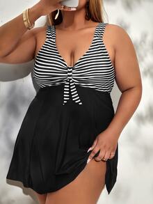 SHEIN Swim Curve Summer Beach Plus Striped Tankini Set Knot Front Swim Dress & Bikini Bottom 2 Piece Swimsuit - Black - View 3