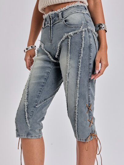 ROMWE Autumn/Winter Y2K Sexy Millennium Style Frayed Edge Exposed 2 In 1 Ultra Low Waist Tight Denim Shorts
