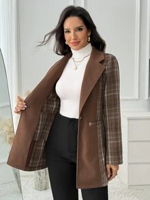 Medorina Chic Formal Vintage, Plaid Patchwork Jacket, Woolen Texture Brown, Mid Length Tailored, Professional Office Wear, Autumn Winter Outfits - Multicolor - View 7