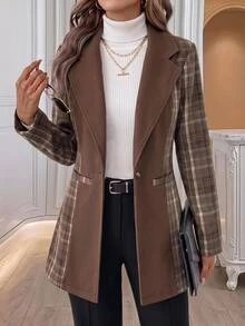 Medorina Chic Formal Vintage, Plaid Patchwork Jacket, Woolen Texture Brown, Mid Length Tailored, Professional Office Wear, Autumn Winter Outfits - Multicolor - View 1