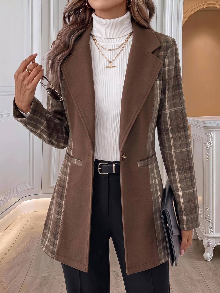 Medorina Chic Formal Vintage, Plaid Patchwork Jacket, Woolen Texture Brown, Mid Length Tailored, Professional Office Wear, Autumn Winter Outfits - Multicolor - View 1