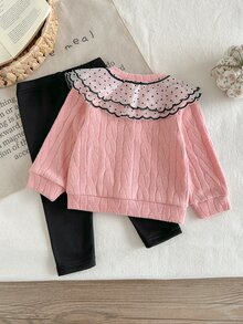 SHEIN Playful Pals 2件組幼兒女嬰黑色波點彼得潘領蝴蝶結裝飾針織外套與長褲休閒套裝，可愛日系風格，秋季親子搭配，Daddy's Girl - 粉色 - 查看 2