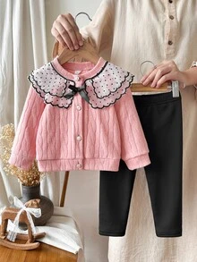 SHEIN Playful Pals 2件組幼兒女嬰黑色波點彼得潘領蝴蝶結裝飾針織外套與長褲休閒套裝，可愛日系風格，秋季親子搭配，Daddy's Girl - 粉色 - 查看 4