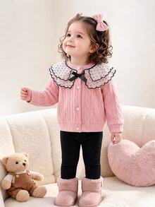 SHEIN Playful Pals 2件組幼兒女嬰黑色波點彼得潘領蝴蝶結裝飾針織外套與長褲休閒套裝，可愛日系風格，秋季親子搭配，Daddy's Girl - 粉色 - 查看 3