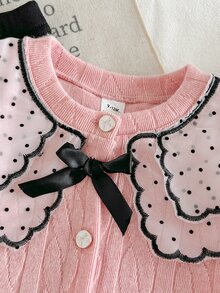 SHEIN Playful Pals 2件組幼兒女嬰黑色波點彼得潘領蝴蝶結裝飾針織外套與長褲休閒套裝，可愛日系風格，秋季親子搭配，Daddy's Girl - 粉色 - 查看 8