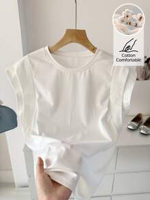 SHEIN LUNE Cotton All White T Shirt Women Summer Casual Everyday Round Neck Double Layer Wide Sleeveless T-Shirt, Spring Work Everyday Home Tops - White - View 1
