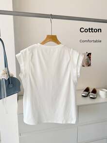 SHEIN LUNE Cotton All White T Shirt Women Summer Casual Everyday Round Neck Double Layer Wide Sleeveless T-Shirt, Spring Work Everyday Home Tops - White - View 2
