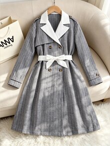 SHEIN Tween Girls Long Sleeve Zip Up 1pc Grey Trench Coat Dress, Intellectual Academy Style Cool Girl Cute Preppy Contrast Collar + Double-Breasted - Multicolor - View 4