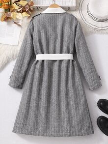SHEIN Tween Girls Long Sleeve Zip Up 1pc Grey Trench Coat Dress, Intellectual Academy Style Cool Girl Cute Preppy Contrast Collar + Double-Breasted - Multicolor - View 3