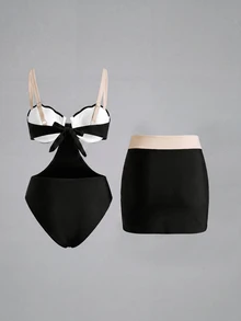 Sirith Women's Solid Color Shell Bag Cutout One-Piece Swimsuit With Half-Skirt, Casual Holiday Festival Beach Party, Spring/Summer Best Seller - Black - View 2