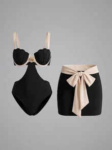 Sirith Women's Solid Color Shell Bag Cutout One-Piece Swimsuit With Half-Skirt, Casual Holiday Festival Beach Party, Spring/Summer Best Seller - Black - View 7