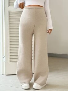 SHEIN Maternity Solid Color Elastic Waist Casual Loose All-Match Versatile Long Pants Winter - Khaki - View 3