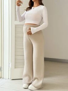 SHEIN Maternity Solid Color Elastic Waist Casual Loose All-Match Versatile Long Pants Winter - Khaki - View 5