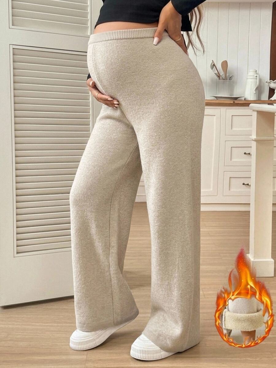 SHEIN Maternity Solid Color Elastic Waist Casual Loose All-Match Versatile Long Pants Winter - Khaki - View 1