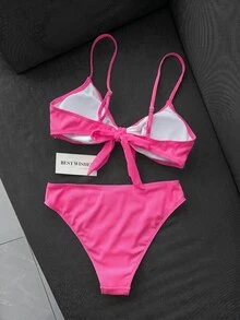 SHEIN Swim Women's 2-Piece Bikini Swimsuit Set, Double Shoulder Straps, Rose Red Ribbed Fabric, Two Pieces Swimwear For Beach, Island Vacation, Pool Party, Casual Versatile - Hot Pink - View 3